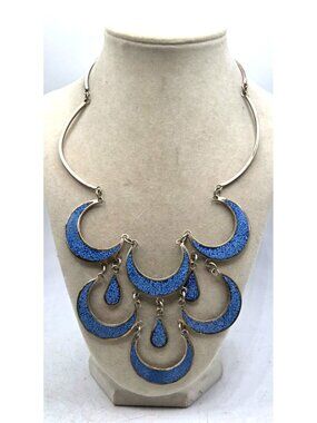 Vintage Blue Enamel Crescent Moon & Teardrop Statement Necklace Silver- Mexico